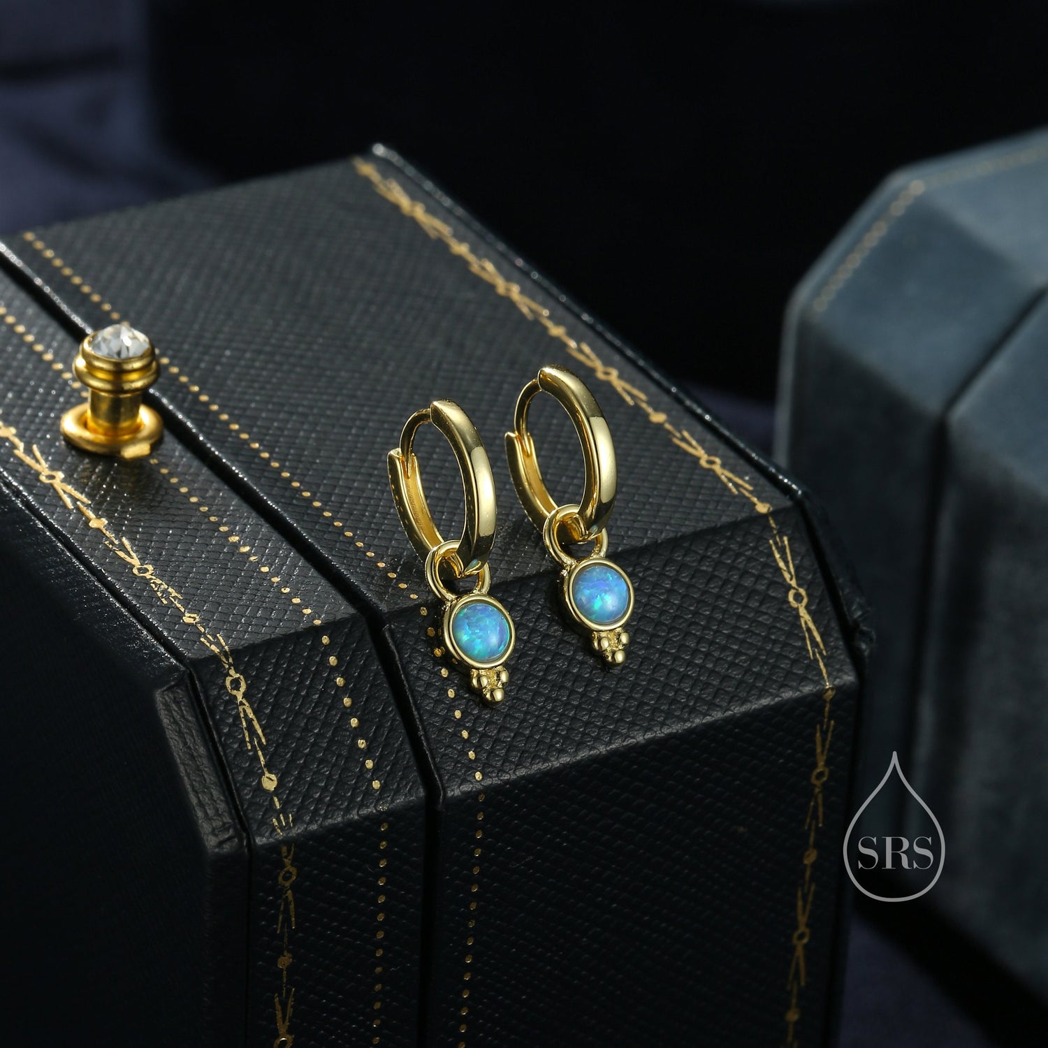 Vintage Inspired Blue Opal Charm Hoop Earrings, Dotted Fire Opal Dangle Hoop Earrings, Silver or Gold, Detachable and Interchangeable Charm