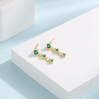 Emerald Green Triple CZ Dangle Chain Stud Drop Earrings in Sterling Silver, Silver or Gold, Three Green CZ Chain Earrings, CZ Drop Earrings