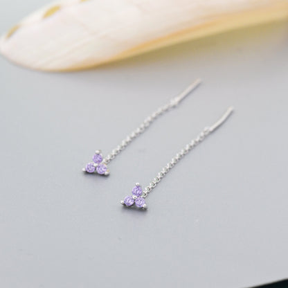 Purple CZ Trio Flower Threader Earrings in Sterling Silver, Silver or Gold, Three Dot Crystal Ear Threaders, Flower CZ Earrings