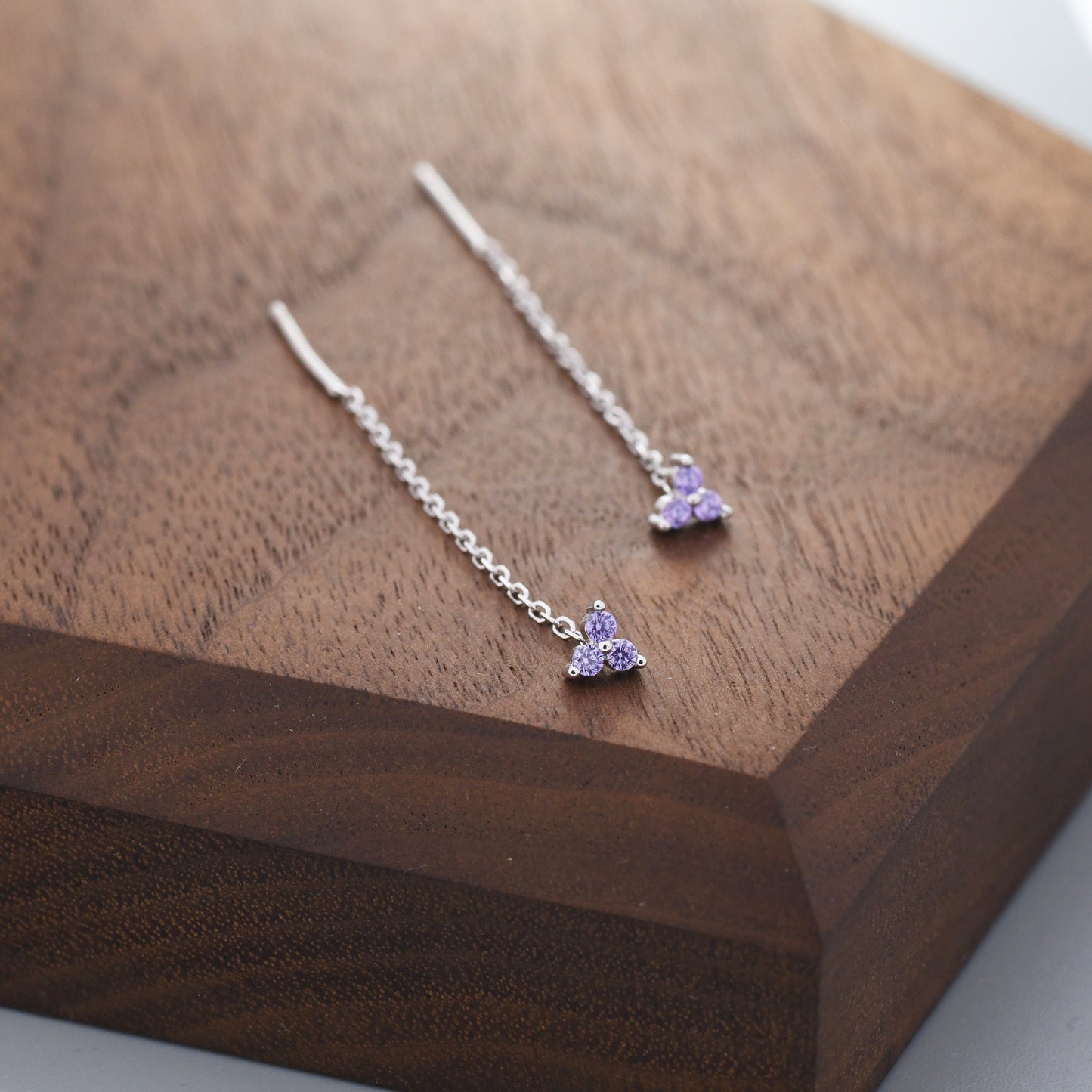 Purple CZ Trio Flower Threader Earrings in Sterling Silver, Silver or Gold, Three Dot Crystal Ear Threaders, Flower CZ Earrings