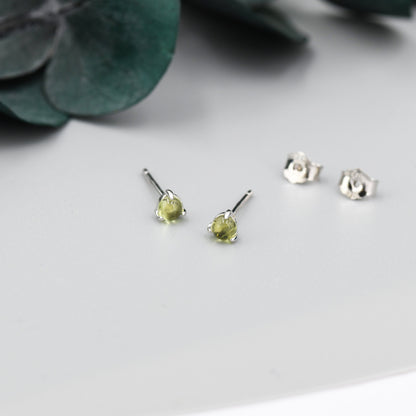 Genuine Green Peridot 3mm Tiny Stud Earrings in Sterling Silver, Real Peridot Crystals Stud, Semi-precious Gemstone, Simple, Minimalist,