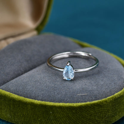 Natural Blue Topaz Droplet Ring in Sterling Silver,  4x6mm, Prong Set Pear Cut, Adjustable Size, Genuine Topaz Ring