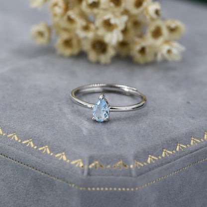 Natural Blue Topaz Droplet Ring in Sterling Silver,  4x6mm, Prong Set Pear Cut, Adjustable Size, Genuine Topaz Ring