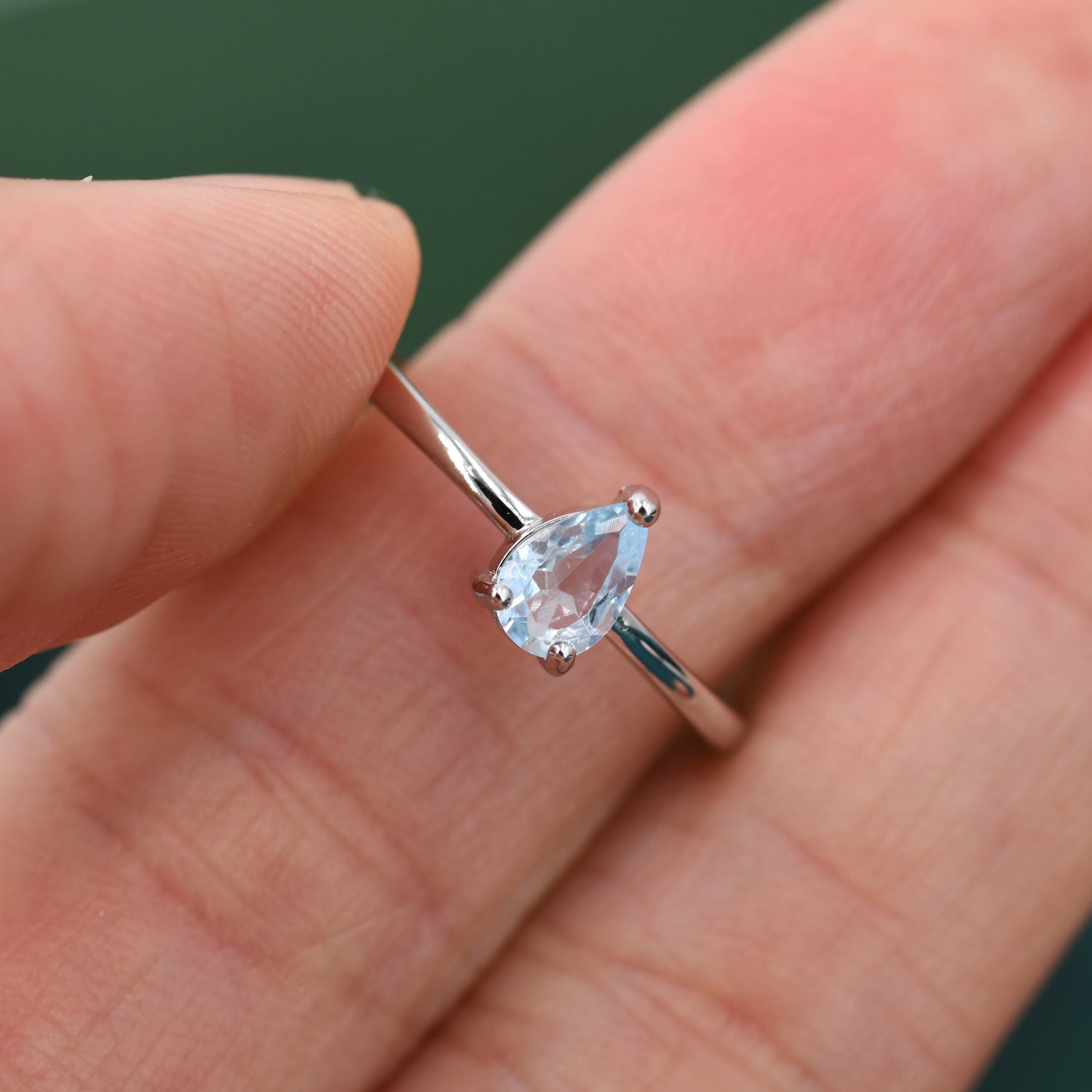 Blue Topaz Prong Set Pear Cut Droplet Gemstone Ring