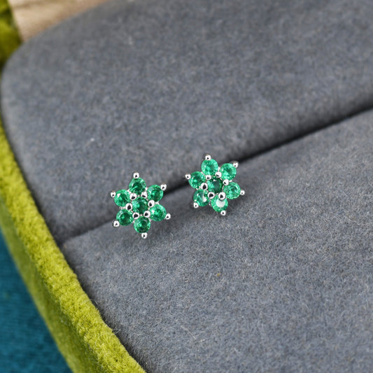 Pair of Very Tiny Emerald Green CZ Flower Stud Earrings in Sterling Silver, Silver or Gold, Crystal Flower Earrings, Stacking Earrings