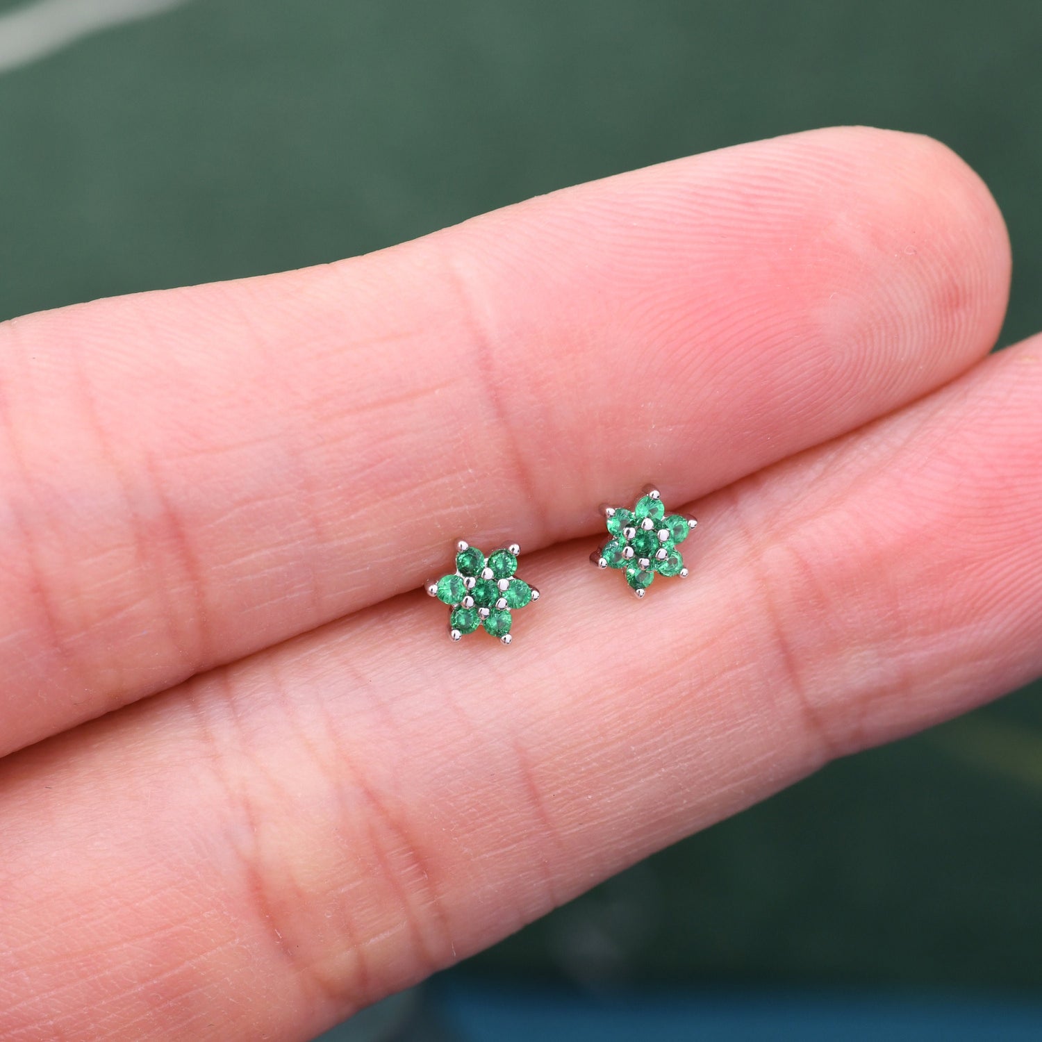 Pair of Very Tiny Emerald Green CZ Flower Stud Earrings in Sterling Silver, Silver or Gold, Crystal Flower Earrings, Stacking Earrings