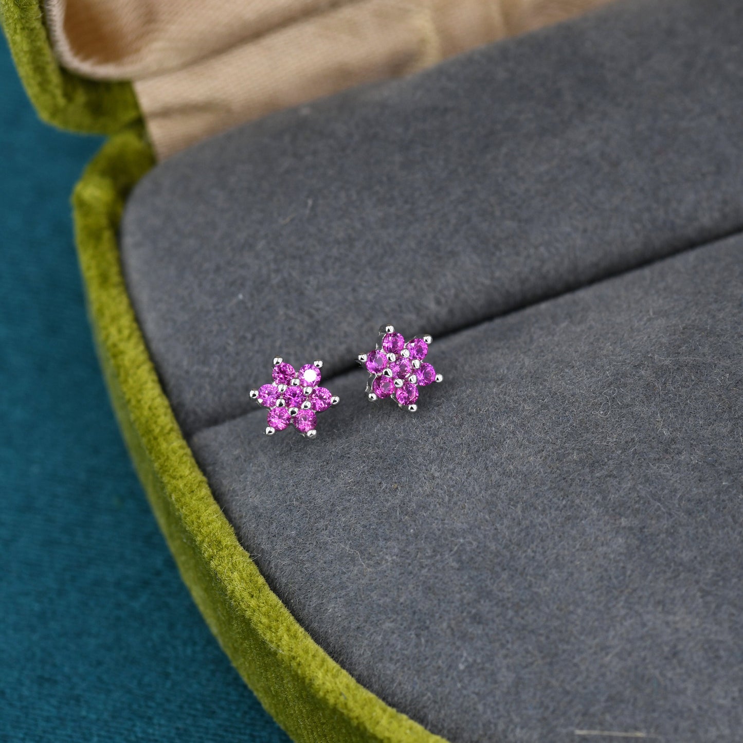 Pair of Very Tiny Ruby Pink CZ Flower Stud Earrings in Sterling Silver, Silver or Gold, Crystal Flower Earrings, Stacking Earrings, Ruby Red