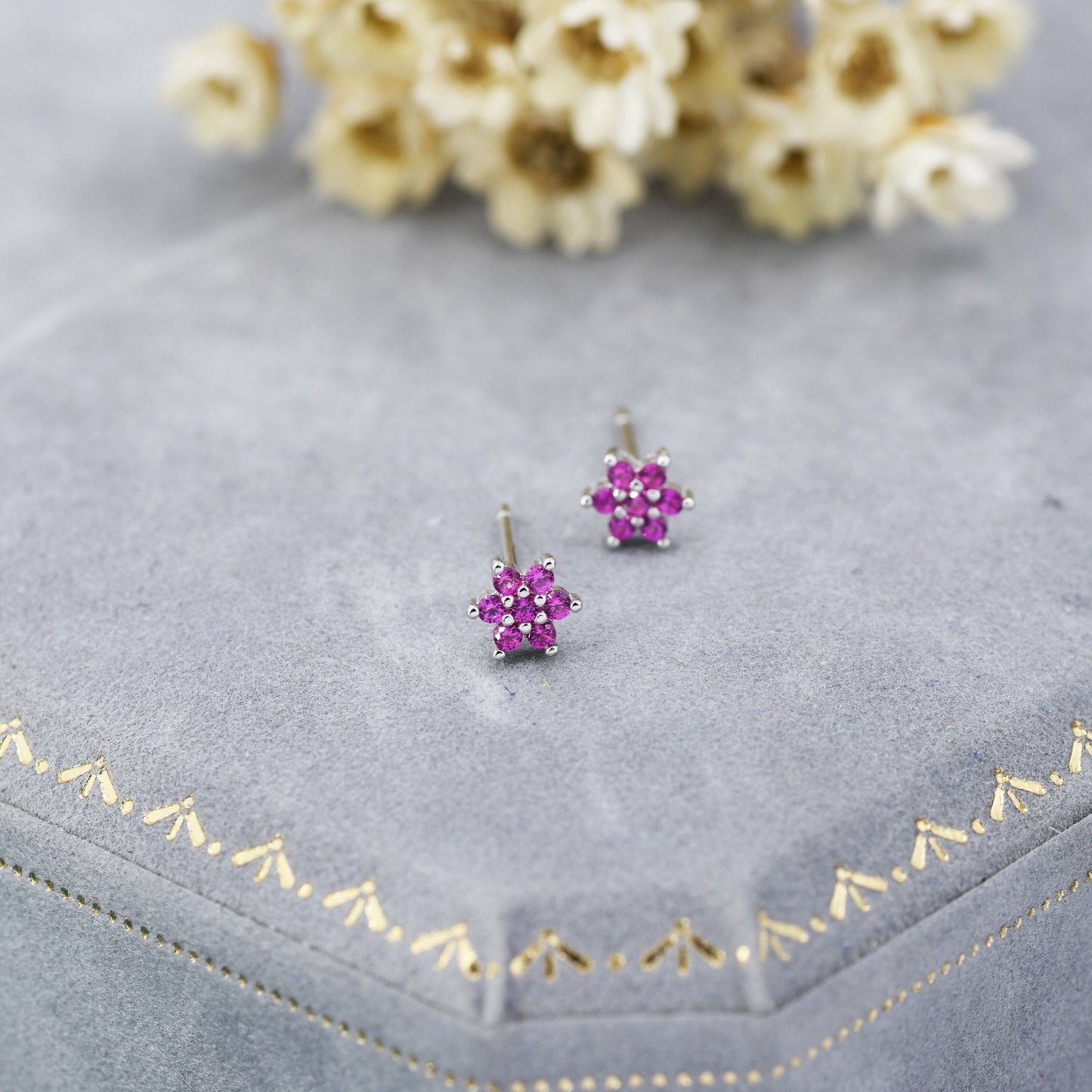 Pair of Very Tiny Ruby Pink CZ Flower Stud Earrings in Sterling Silver, Silver or Gold, Crystal Flower Earrings, Stacking Earrings, Ruby Red