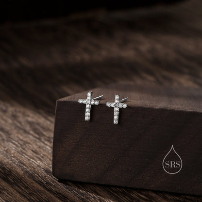 Small Cross Stud Earrings in Sterling Silver with CZ crystals, in Silver or Gold or Rose Gold, Crystal Pave Cross Earrings, Tiny Cross Stud