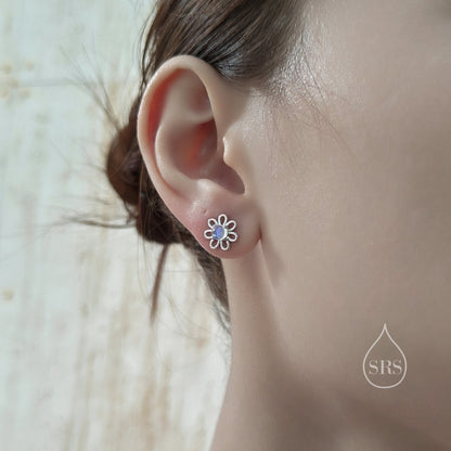 Moonstone Daisy Flower Stud Earrings in Sterling Silver, Silver or Gold, Lab Moonstone Daisy Earrings, Sterling Silver Daisy Flower Earrings