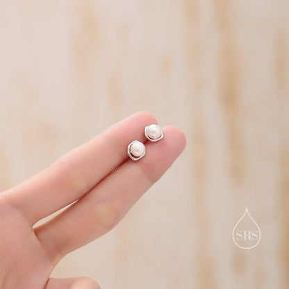 Genuine Freshwater Pearl and Irregular Circle Stud Earrings in Sterling Silver, Delicate Keshi Pearl Halo Earrings,  Genuine Pearls