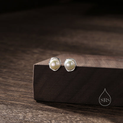 Genuine Freshwater Pearl and Irregular Circle Stud Earrings in Sterling Silver, Delicate Keshi Pearl Halo Earrings, Genuine Pearls