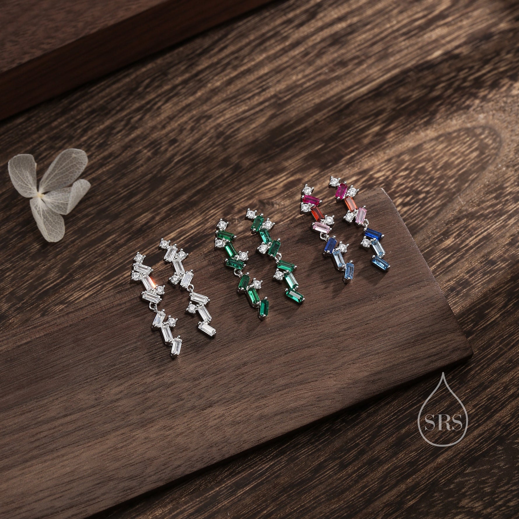 Sale! Rainbow CZ Cluster Stud Drop Earrings in Sterling Silver, Silver or Gold, Geometric Baguette Cluster Earrings, CZ Long Drop Earrings