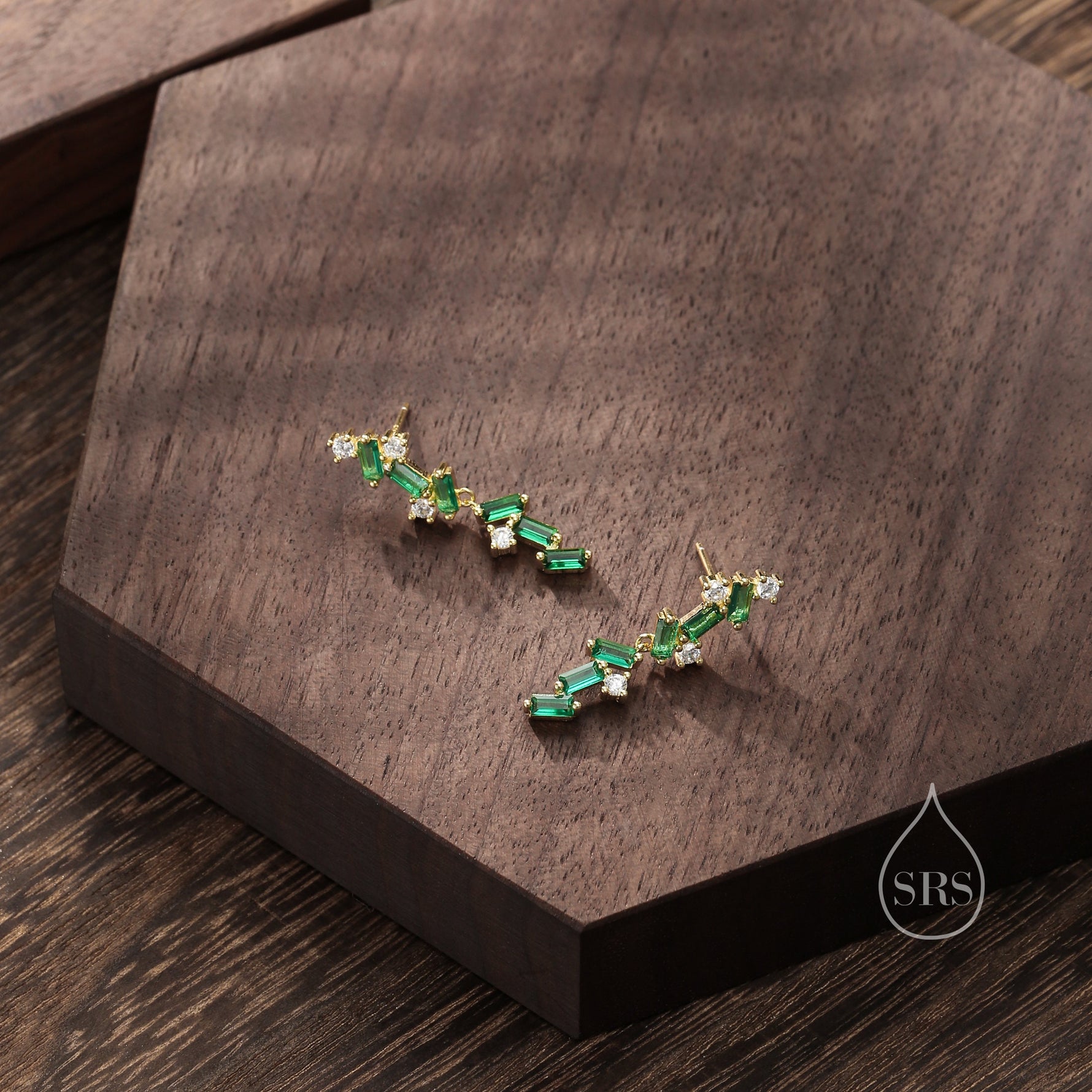Sale! Emerald Green CZ Cluster Stud Long Drop Earrings in Sterling Silver, Silver or Gold, Geometric Baguette Cluster Earrings, CZ Drop Earrings