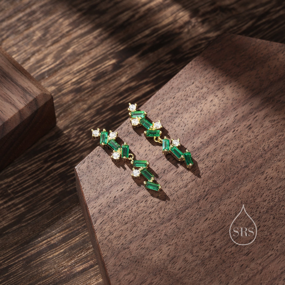 Sale! Emerald Green CZ Cluster Stud Long Drop Earrings in Sterling Silver, Silver or Gold, Geometric Baguette Cluster Earrings, CZ Drop Earrings