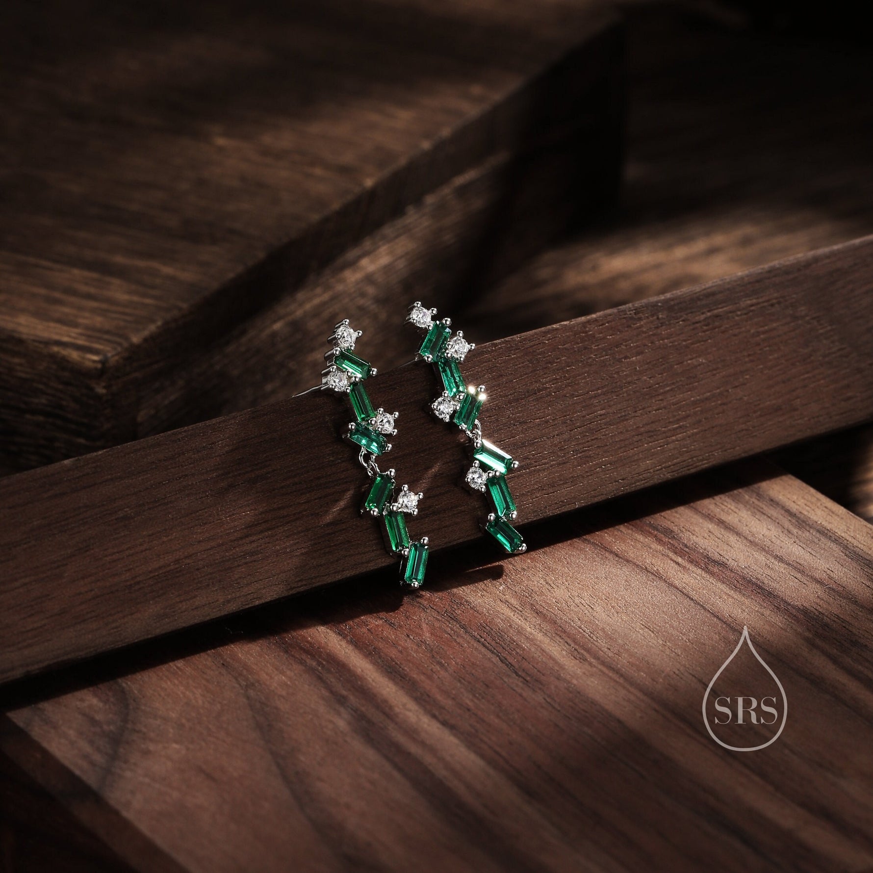 Sale! Emerald Green CZ Cluster Stud Long Drop Earrings in Sterling Silver, Silver or Gold, Geometric Baguette Cluster Earrings, CZ Drop Earrings