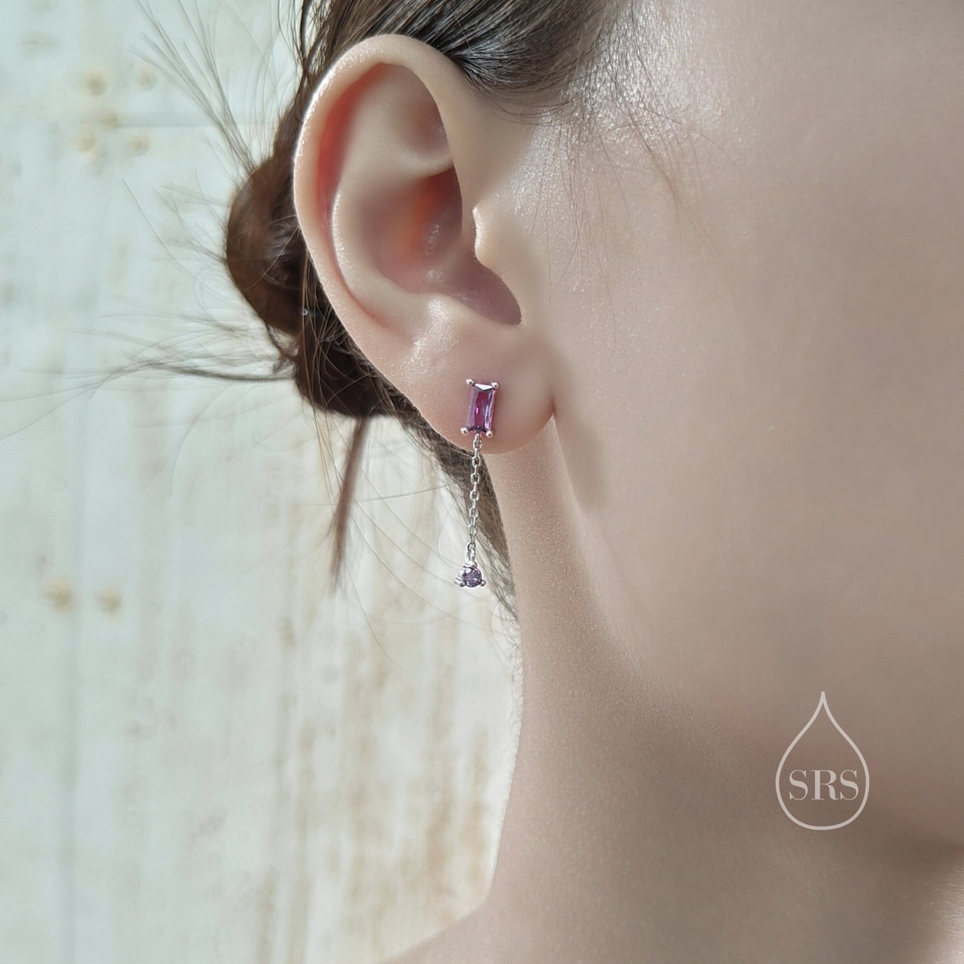 Sale! Baguette CZ Dangle Chain Stud Drop Earrings in Sterling Silver, Silver or Gold, Geometric Baguette Cluster Earrings, CZ Long Drop Earrings