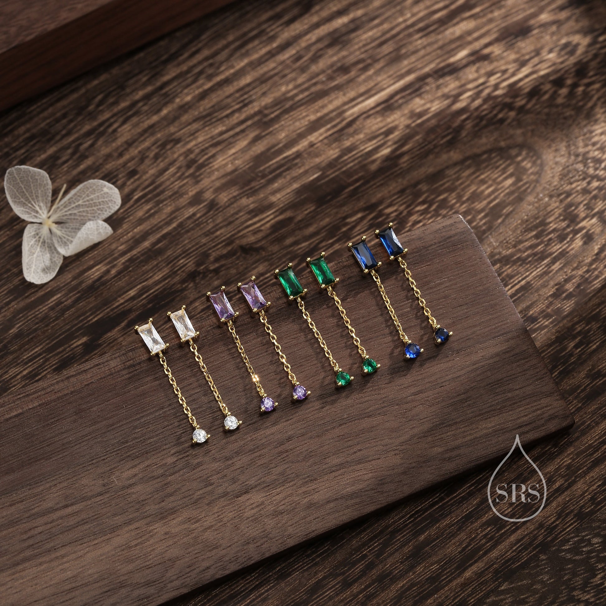 Sale! Baguette CZ Dangle Chain Stud Drop Earrings in Sterling Silver, Silver or Gold, Geometric Baguette Cluster Earrings, CZ Long Drop Earrings