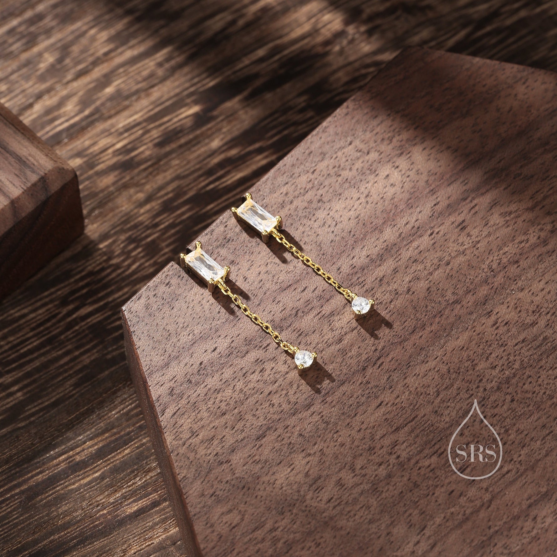 Sale! Baguette CZ Dangle Chain Stud Drop Earrings in Sterling Silver, Silver or Gold, Geometric Baguette Cluster Earrings, CZ Long Drop Earrings