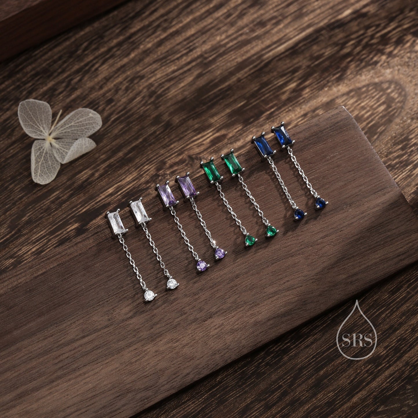 Sale! Baguette CZ Dangle Chain Stud Drop Earrings in Sterling Silver, Silver or Gold, Geometric Baguette Cluster Earrings, CZ Long Drop Earrings