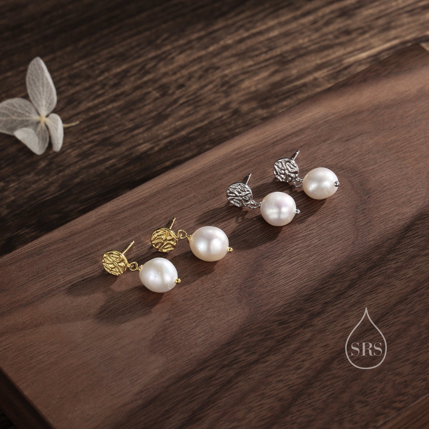 Sale! Genuine Freshwater Pearl and Textured Disks Drop Earrings in Sterling Silver, Silver or Gold, Delicate Keshi Pearl Earrings, Genuine Pearls