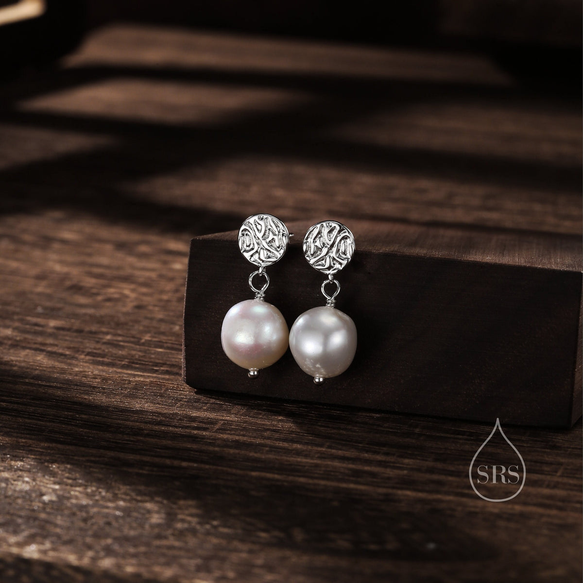 Sale! Genuine Freshwater Pearl and Textured Disks Drop Earrings in Sterling Silver, Silver or Gold, Delicate Keshi Pearl Earrings, Genuine Pearls