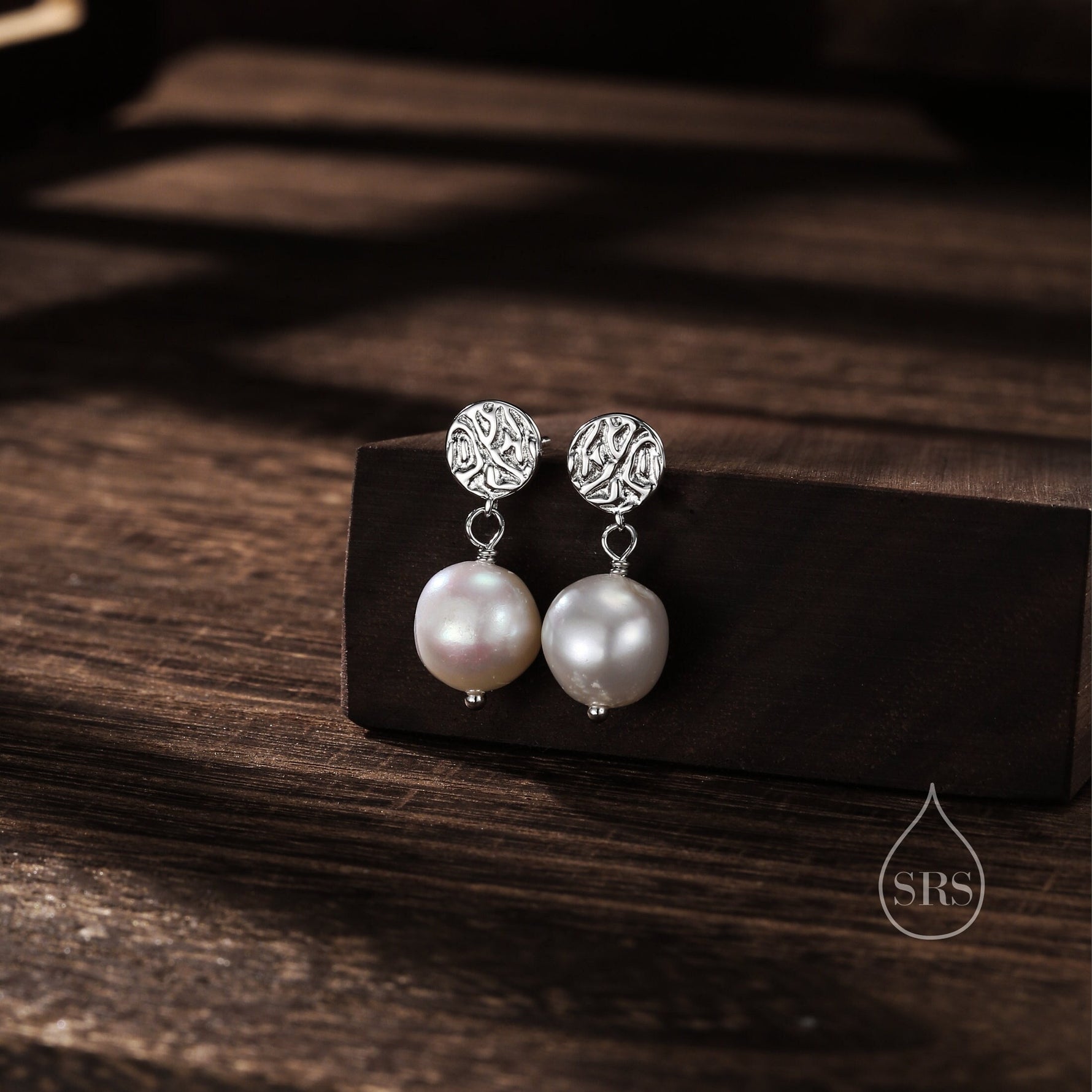 Sale! Genuine Freshwater Pearl and Textured Disks Drop Earrings in Sterling Silver, Silver or Gold, Delicate Keshi Pearl Earrings, Genuine Pearls
