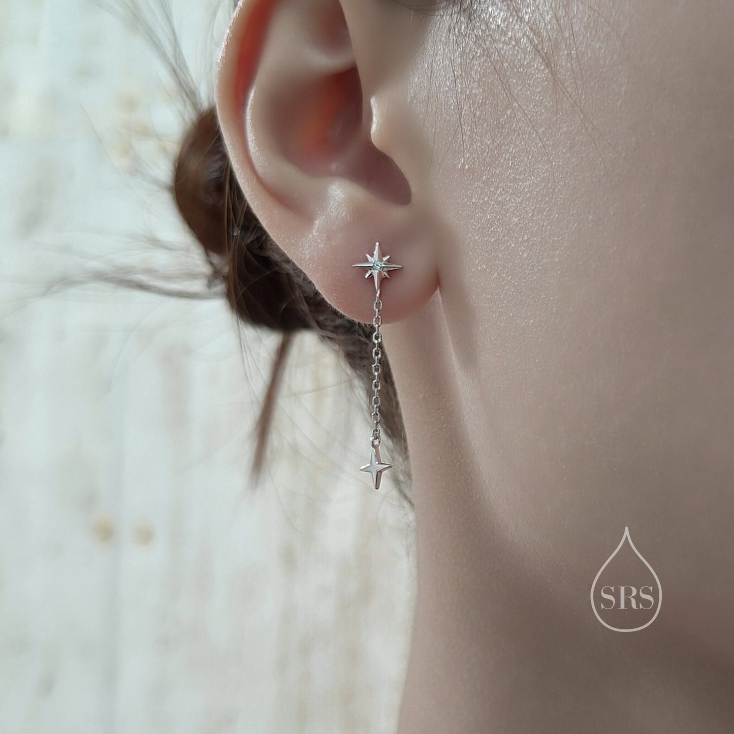 Starburst Dangle Chain Stud Earrings in Sterling Silver, Silver or Gold or Rose gold , Sterling Silver Star Earrings, North Star Earrings