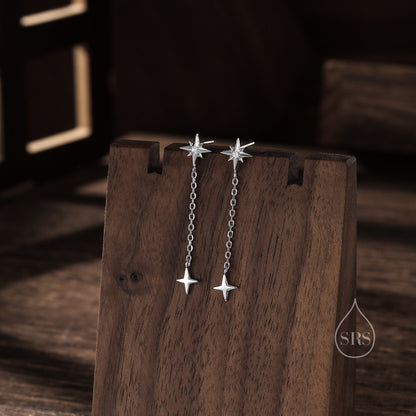 Starburst Dangle Chain Stud Earrings in Sterling Silver, Silver or Gold or Rose gold , Sterling Silver Star Earrings, North Star Earrings