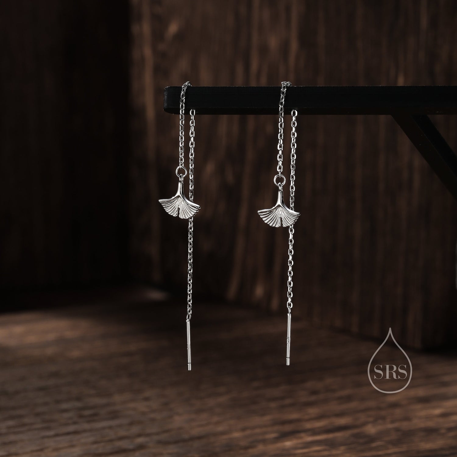 Delicate Ginkgo Leaf Threader Earrings in Sterling Silver, Silver or Gold or Rose Gold, Leaf Earrings, Ginkgo Long Threaders