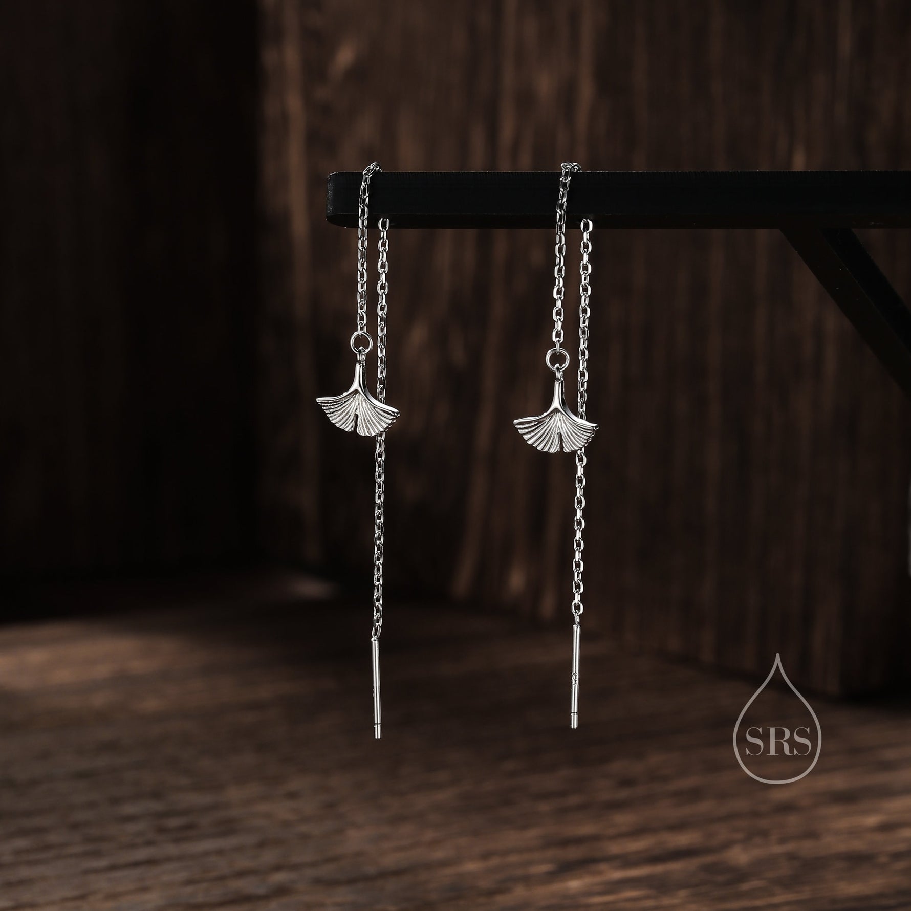 Delicate Ginkgo Leaf Threader Earrings in Sterling Silver, Silver or Gold or Rose Gold, Leaf Earrings, Ginkgo Long Threaders