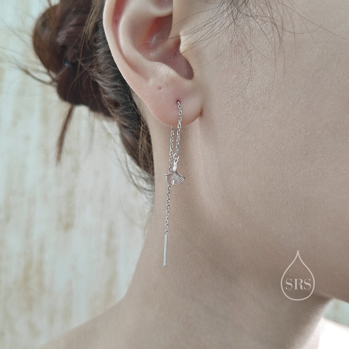 Delicate Ginkgo Leaf Threader Earrings in Sterling Silver, Silver or Gold or Rose Gold, Leaf Earrings, Ginkgo Long Threaders