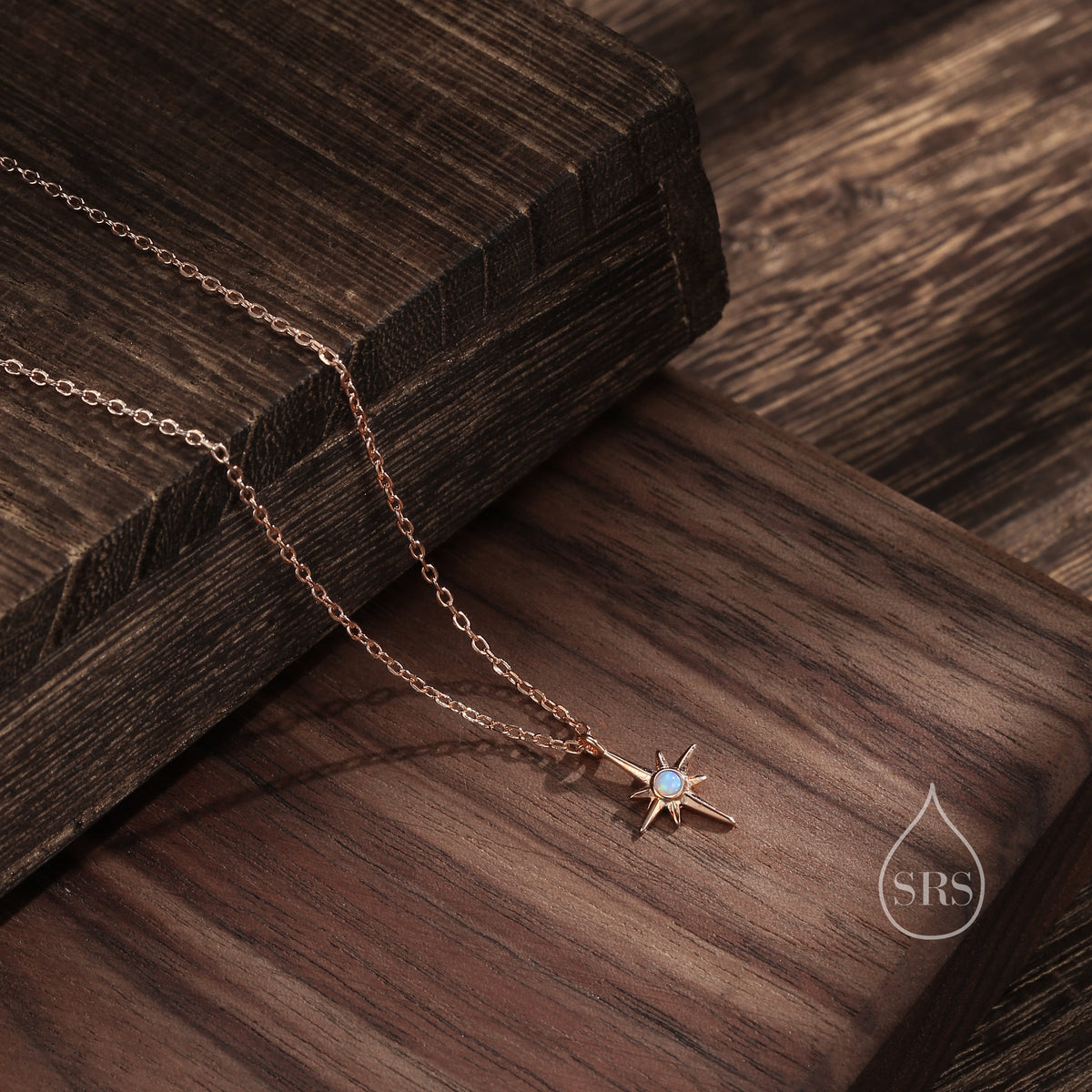 Tiny North Star Pendant Necklace in Sterling Silver with Blue Opal, Silver or Gold or Rose Gold, Starburst Necklace, Tiny Opal Star Necklace