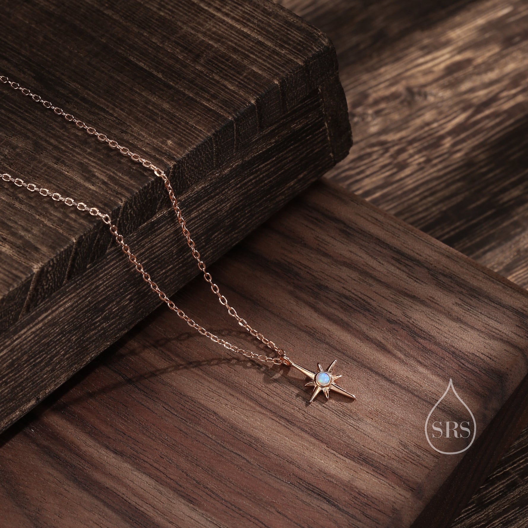 Tiny North Star Pendant Necklace in Sterling Silver with Blue Opal, Silver or Gold or Rose Gold, Starburst Necklace, Tiny Opal Star Necklace