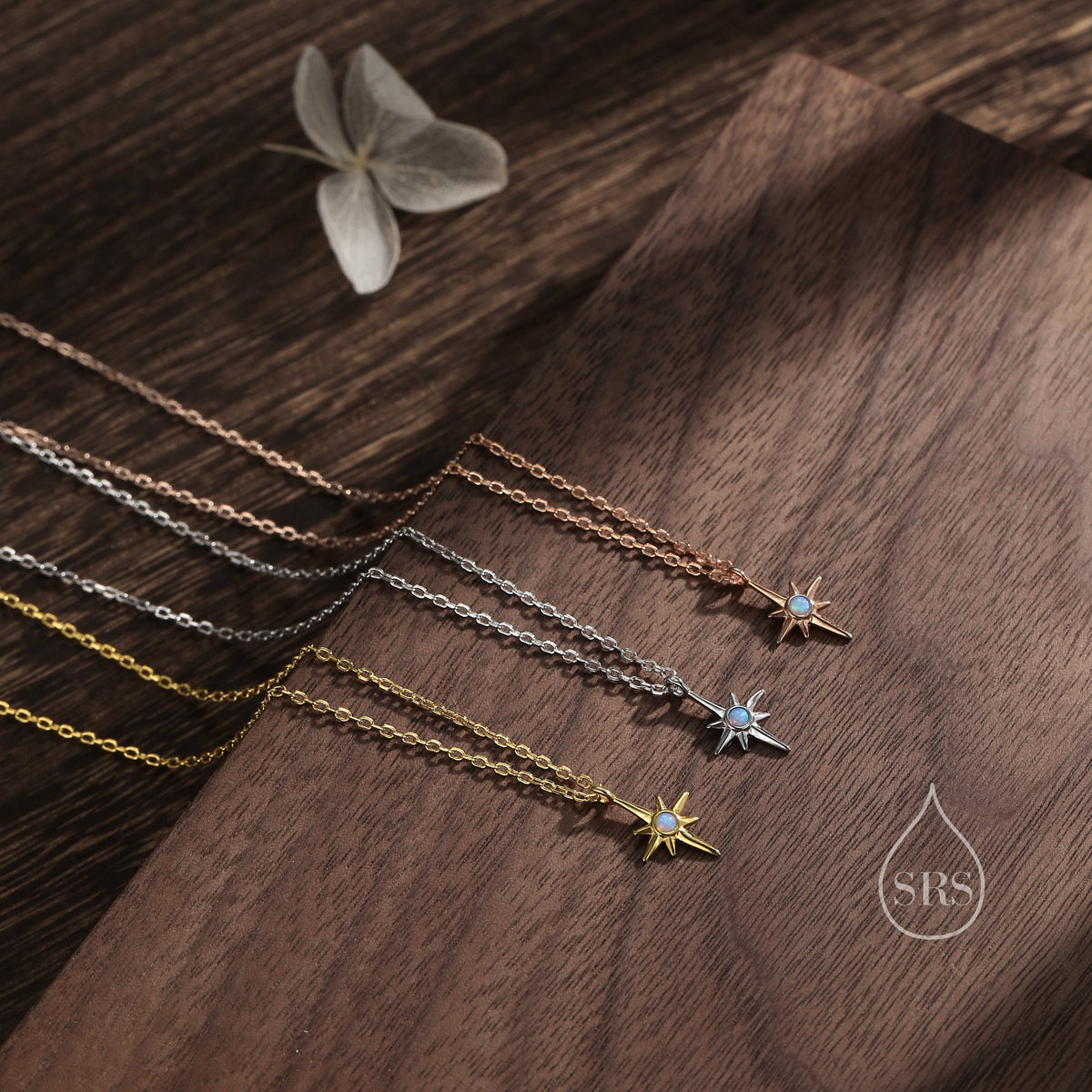 Tiny North Star Pendant Necklace in Sterling Silver with Blue Opal, Silver or Gold or Rose Gold, Starburst Necklace, Tiny Opal Star Necklace