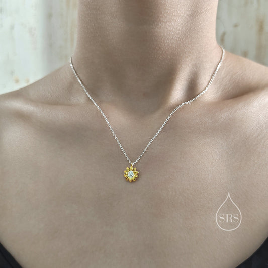 Sterling Silver Tiny Little Sunflower Pendant Necklace, Delicate Flower Necklace, Sunflower Necklace, Two Tone Flower Pendant Necklace