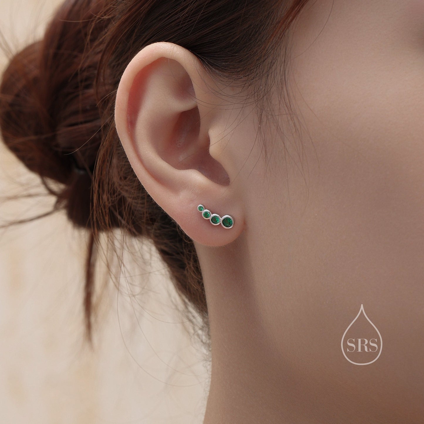 Emerald Green CZ Bubble Stud Earrings in Sterling Silver, Silver or Gold, Bezel CZ Cluster Earrings, CZ Wing Earrings, Mini Crawler