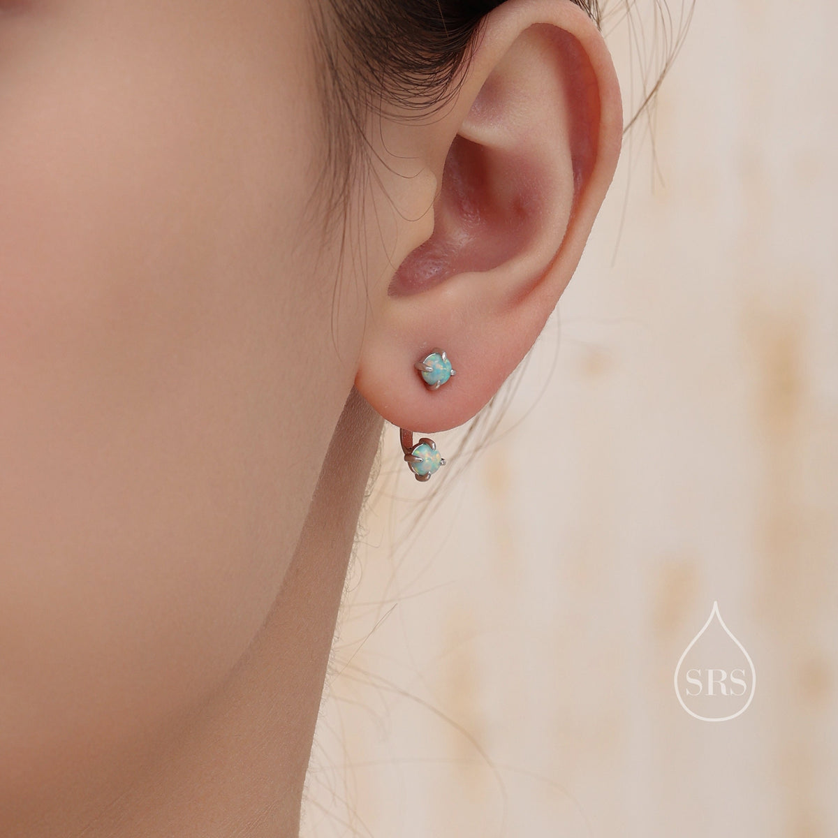 Aqua Green Opal Ear Jacket in Sterling Silver, Silver or Gold, Front and Back Earrings