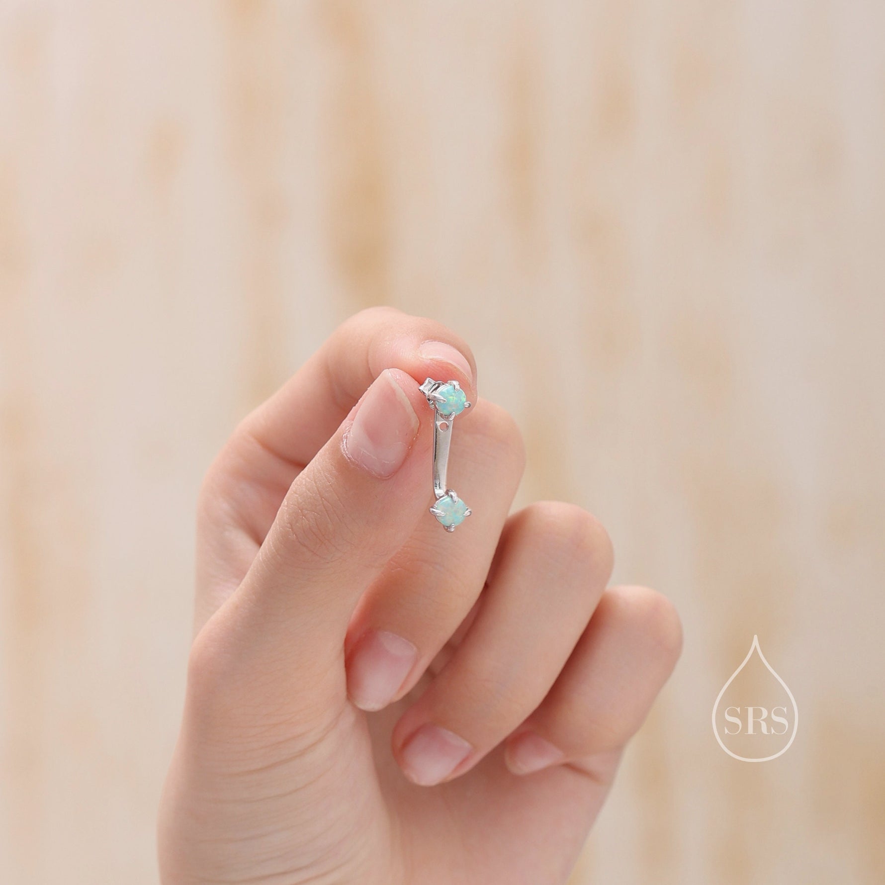 Aqua Green Opal Ear Jacket in Sterling Silver, Silver or Gold, Front and Back Earrings