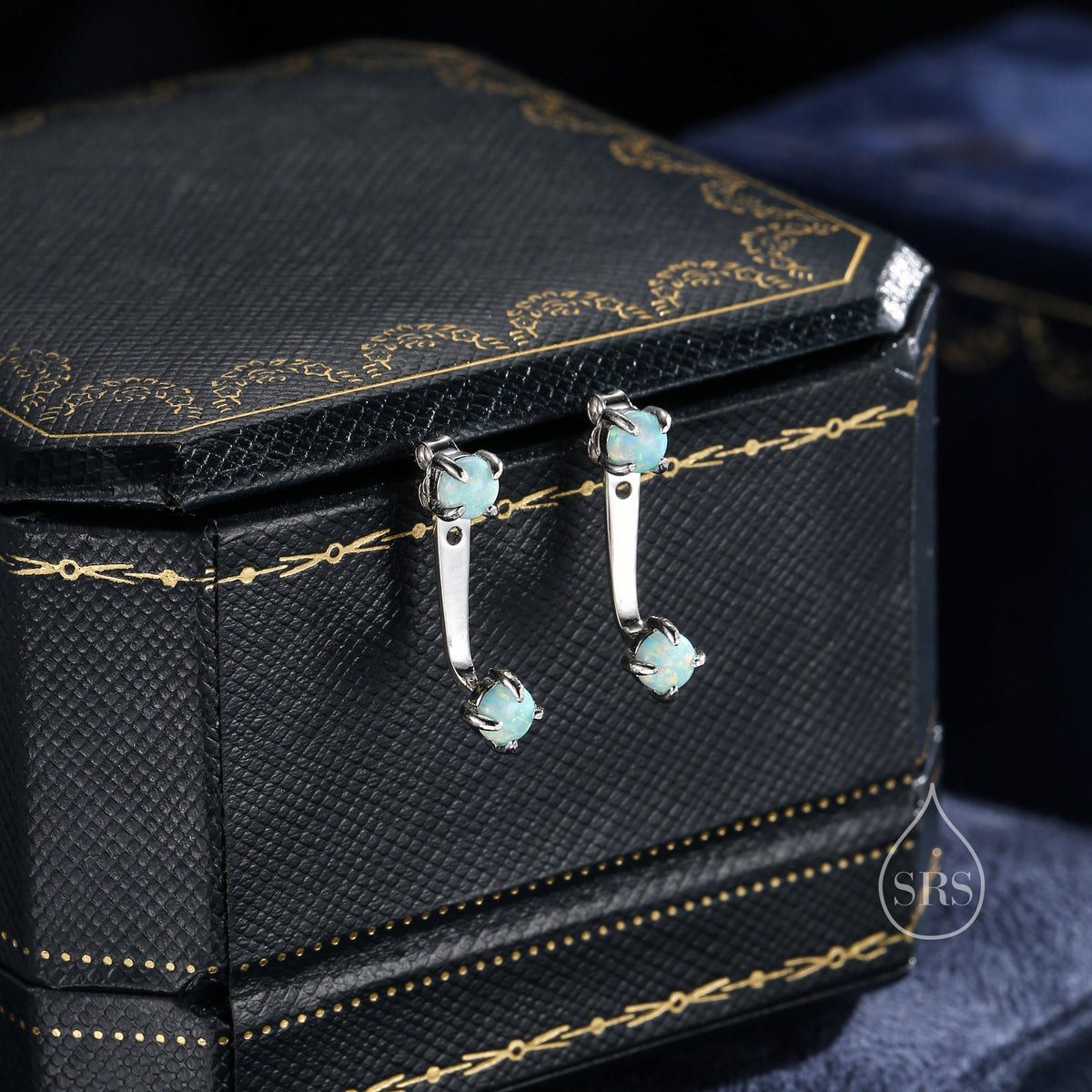 Aqua Green Opal Ear Jacket in Sterling Silver, Silver or Gold, Front and Back Earrings
