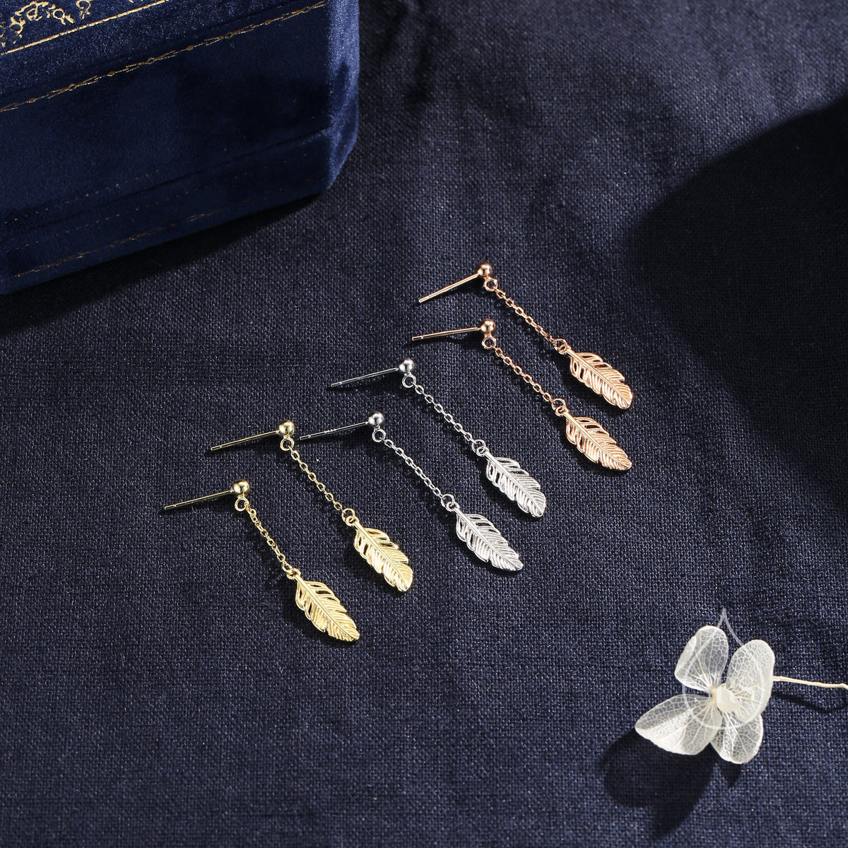 Delicate Feather Drop Stud Earrings in Sterling Silver, Silver or Gold or Rose Gold, Feather Dangle Earrings, Feather Threaders