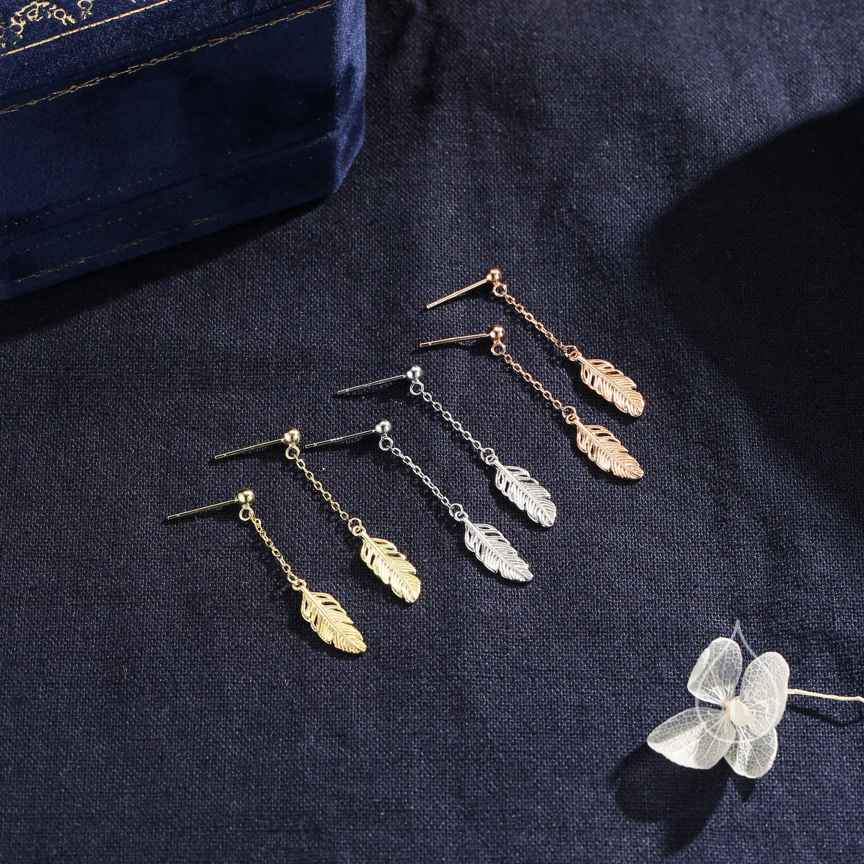 Delicate Feather Drop Stud Earrings in Sterling Silver, Silver or Gold or Rose Gold, Feather Dangle Earrings, Feather Threaders