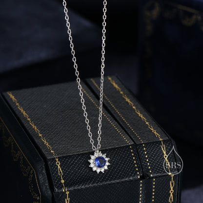 Sapphire Blue CZ Halo Flower Pendant Necklace in Sterling Silver, Silver or Gold, Sterling Silver CZ Halo Flower Necklace