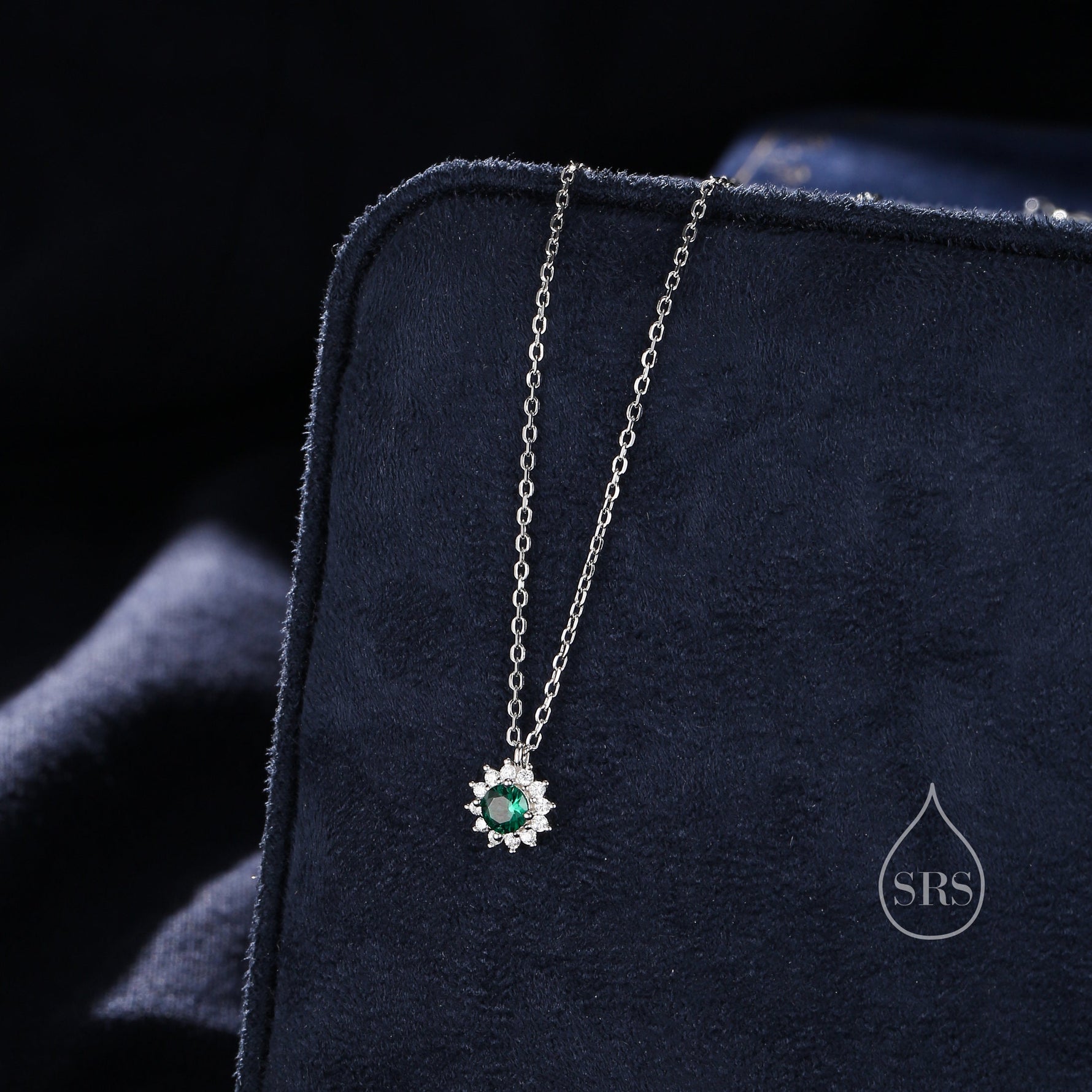 Emerald Green CZ Halo Flower Pendant Necklace in Sterling Silver, Silver or Gold, Sterling Silver CZ Halo Flower Necklace