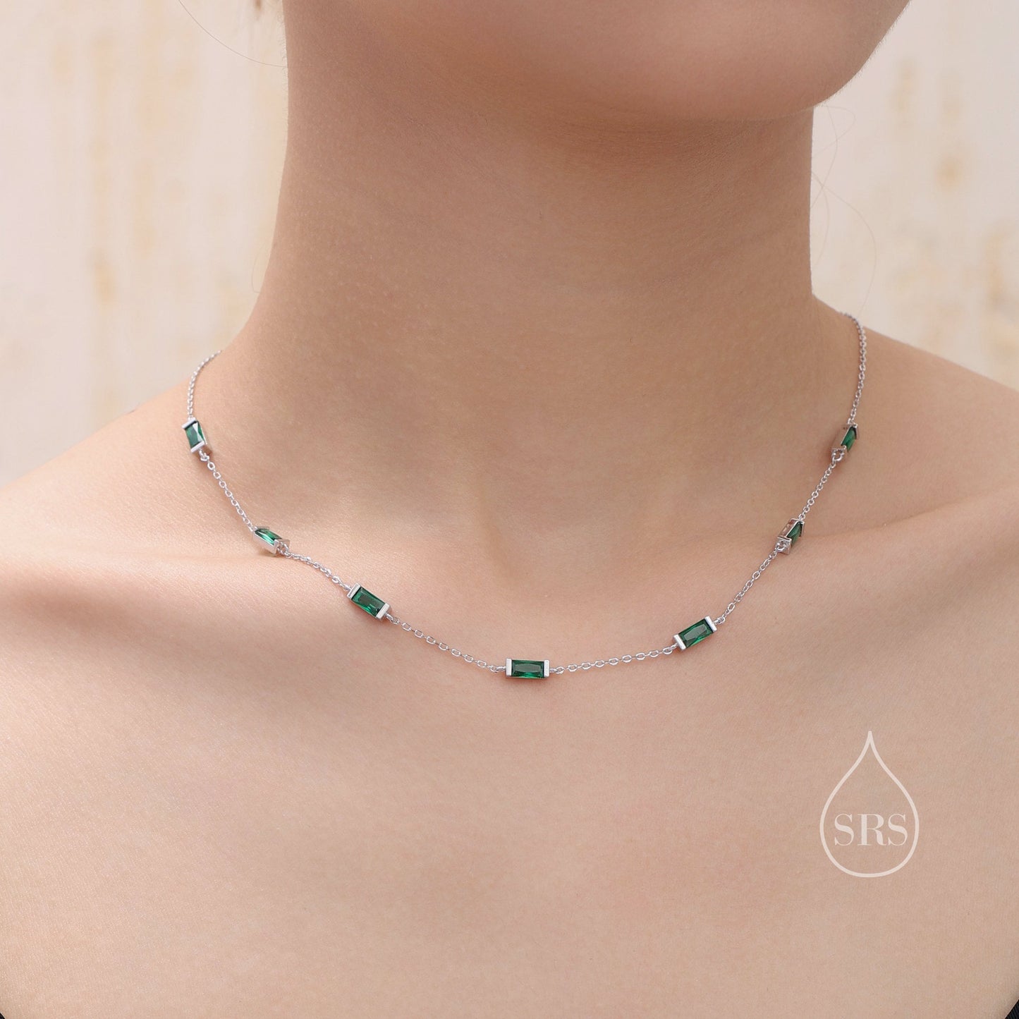 Emerald Green Baguette CZ Satellite Necklace in Sterling Silver, Silver or Gold, Sterling Silver Green CZ Baguette Chain Necklace