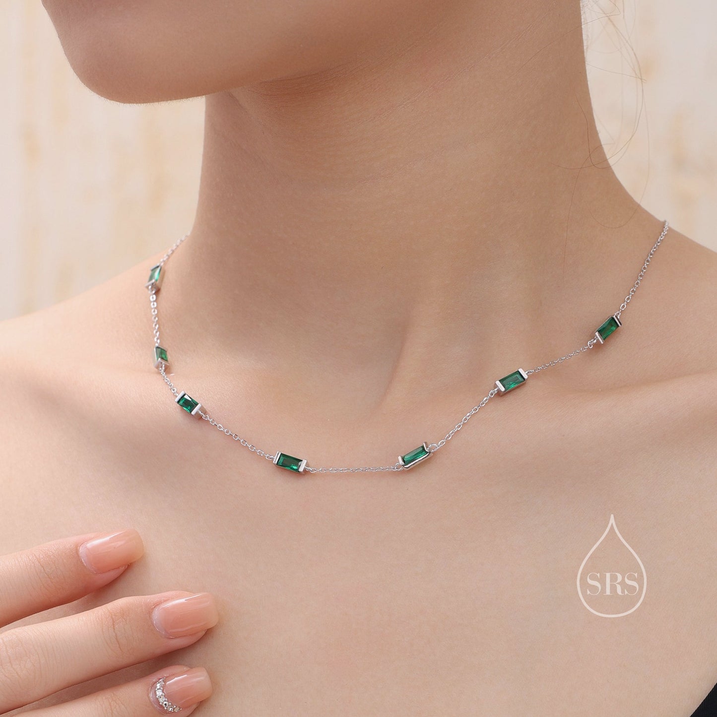 Emerald Green Baguette CZ Satellite Necklace in Sterling Silver, Silver or Gold, Sterling Silver Green CZ Baguette Chain Necklace