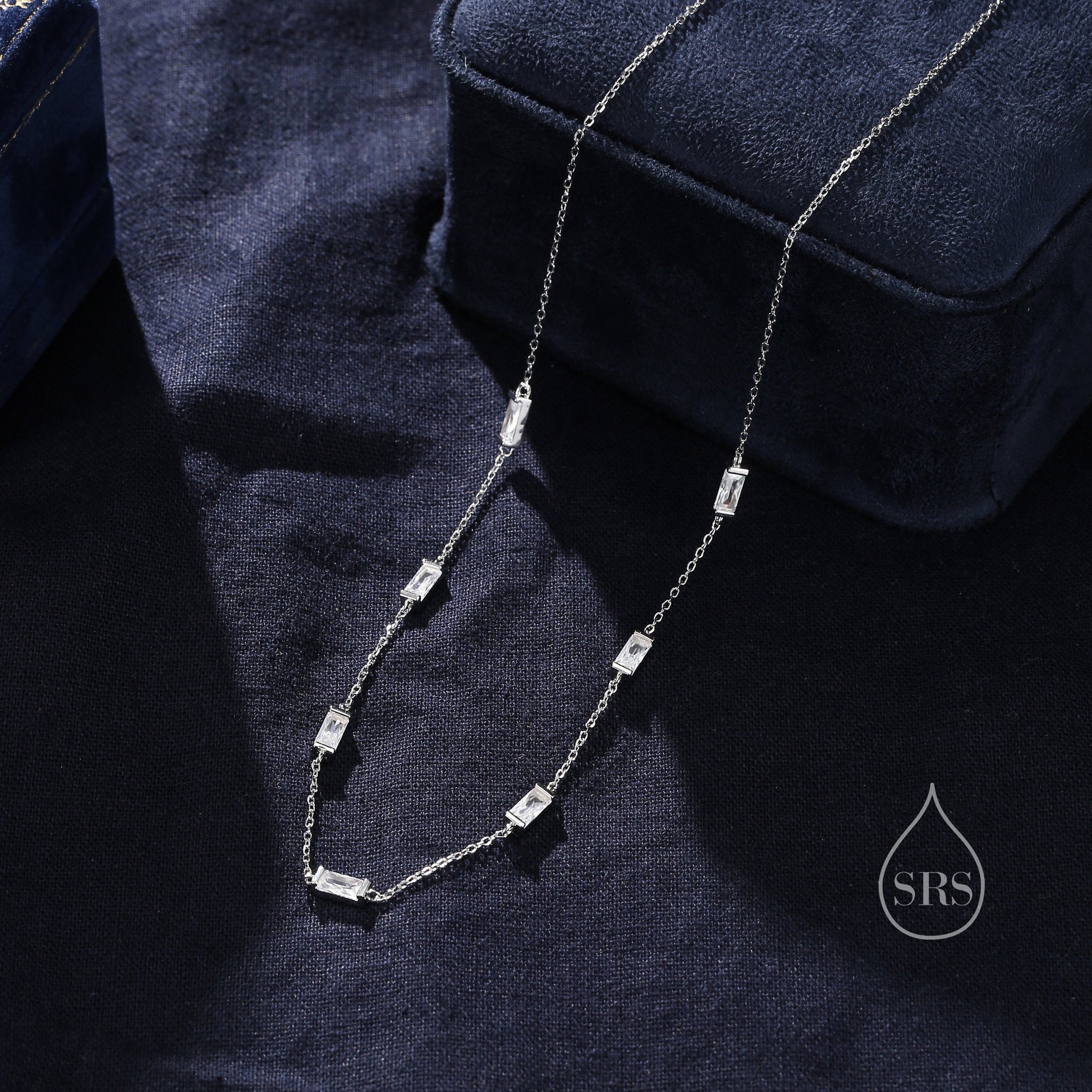 Baguette CZ Satellite Necklace in Sterling Silver, Silver or Gold, Sterling Silver Clear CZ Baguette Chain Necklace