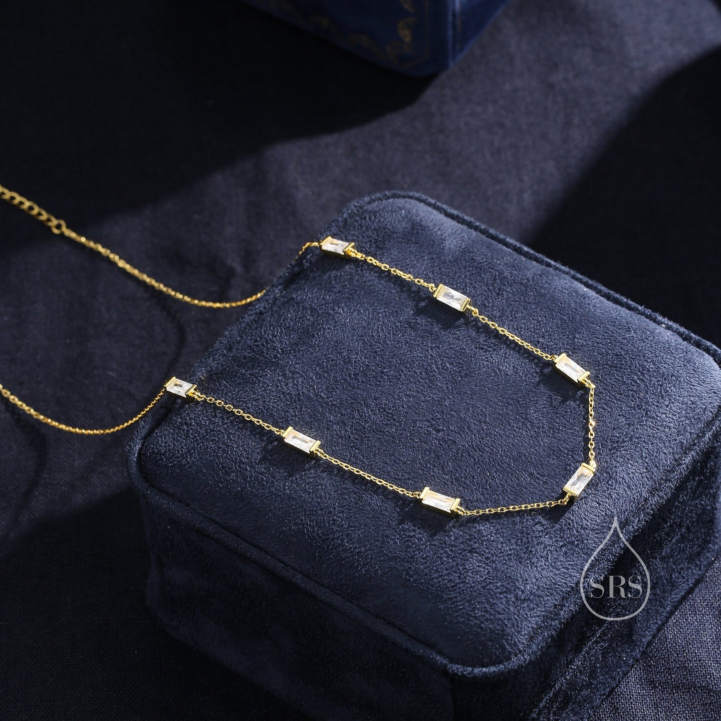 Baguette CZ Satellite Necklace in Sterling Silver, Silver or Gold, Sterling Silver Clear CZ Baguette Chain Necklace