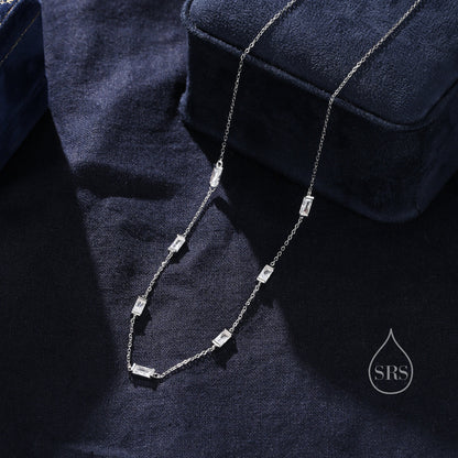 Baguette CZ Satellite Necklace in Sterling Silver, Silver or Gold, Sterling Silver Clear CZ Baguette Chain Necklace