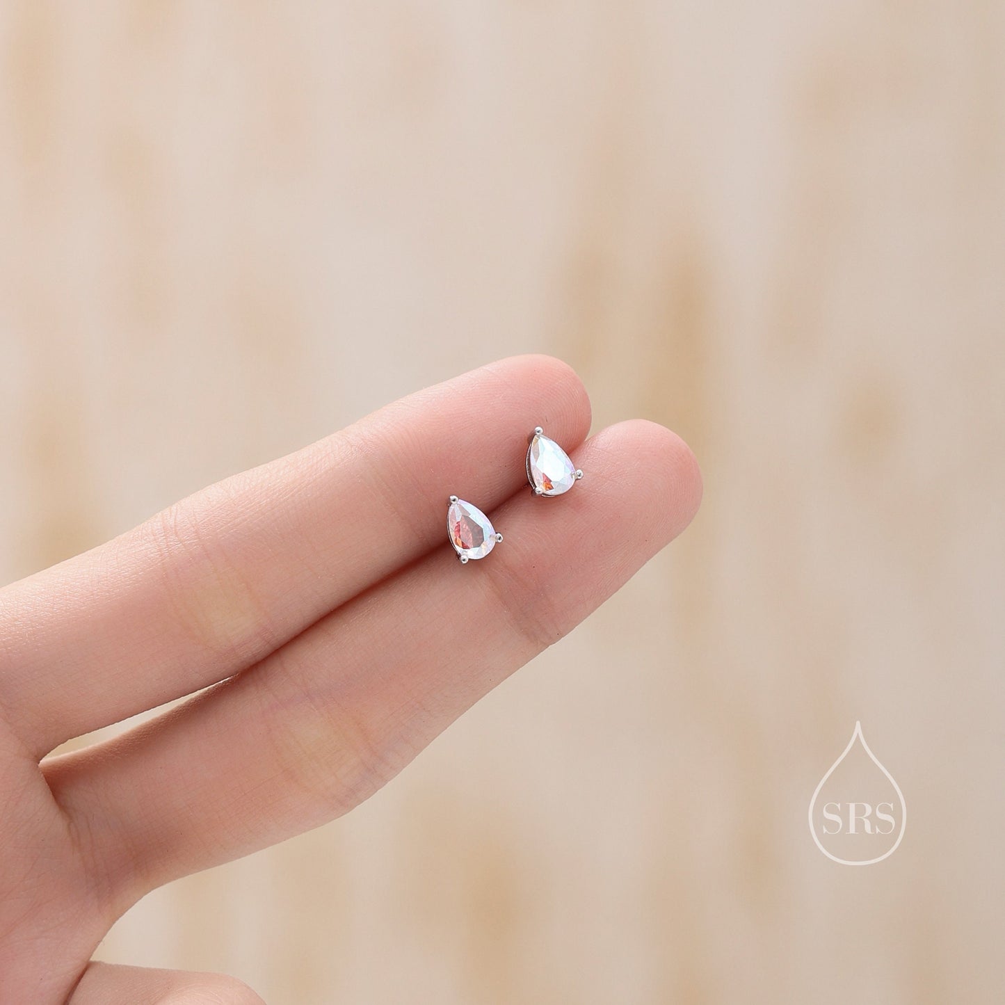 Sterling Silver Aurora AB CZ Droplet Stud Earrings, Pear Cut Aurora Colour Changing CZ Earrings